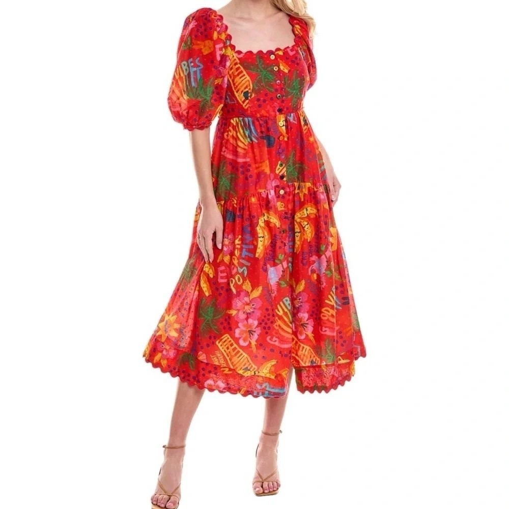 Farm Rio Good Vibes Cotton Midi Dress Puff Sleeve Smocked Tropical Resort Boho L - Picture 2 of 15